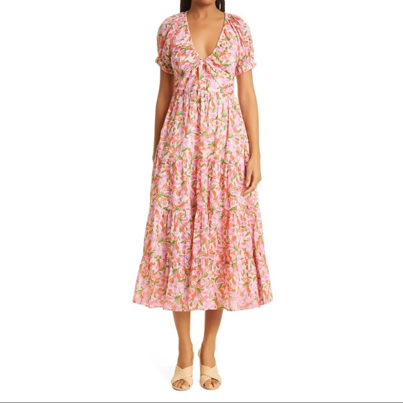 Banjanan Dresses & Skirts - Banjanan Norma Floral Tiered Ruffle Organic Cotton Pink Midi Dress Size XS NWT